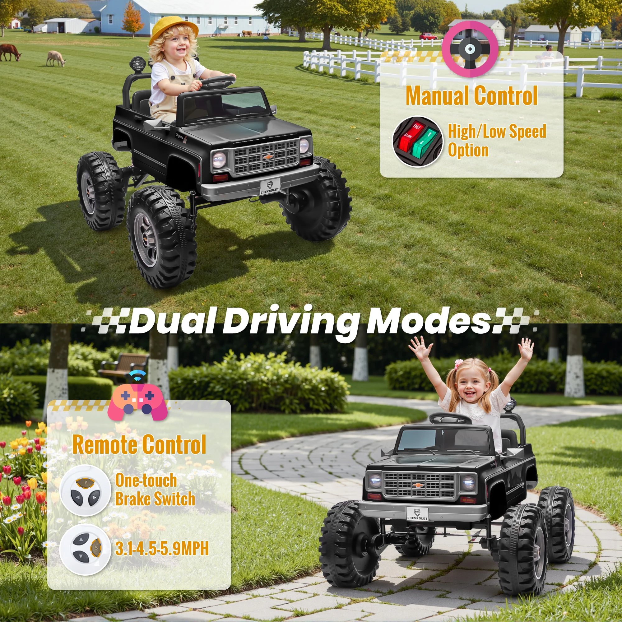 Mobil Mainan 24V, Truk Chevrolet Cheyenne Berlisensi dengan Motor 4X200W, Remote Control, Dekorasi Streamer