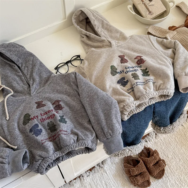 2024 Winter New Children Fleece Hooded Sweatshirt Baby Girls Plus Velvet Thick Cartoon Print Pullover Kids Boys Casual Hoodie