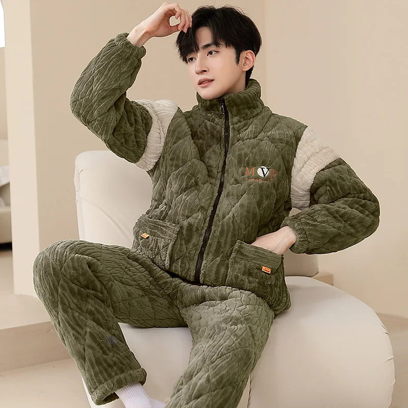 2024 Coral Fleece Mens Pajamas Set Zipper Home Clothes 2Pcs/Set Home Clothes Male Young Boy Flannel Winter Warm Pyjamas Hombre