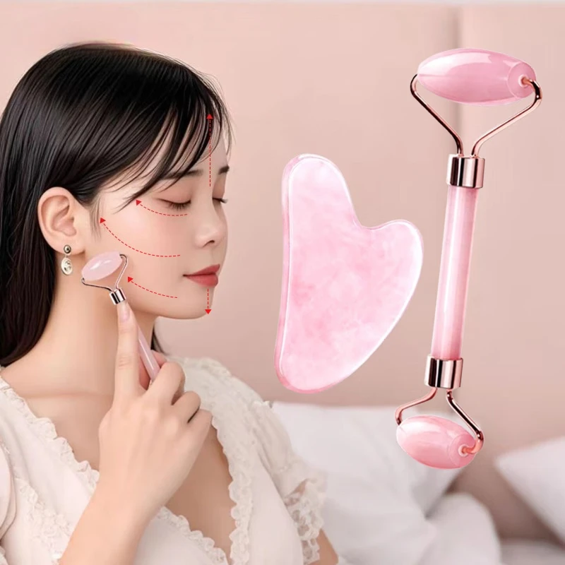 Natural Rose Quartz Gua Sha Set Face Roller Smooth Rounded Massage Stone Quiet Rolling Design for Face Neck Gift 괄사 롤러 세트