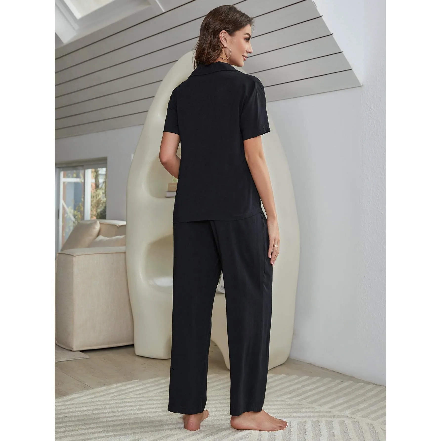 Summer Women Short Sleeve Crop Top and Wide Leg Pants Pajama Set, Breathable Elastic Waist Lounge Sleepwear, Casual Cool Home