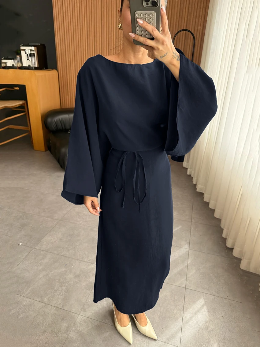 

Marthaqiqi Casual Women'S Nightgowns Long Sleeve Nightwear O-Neck Sleepwear Lace Up Pajamas Mid-Calf Dress Loose Ladies Nightie