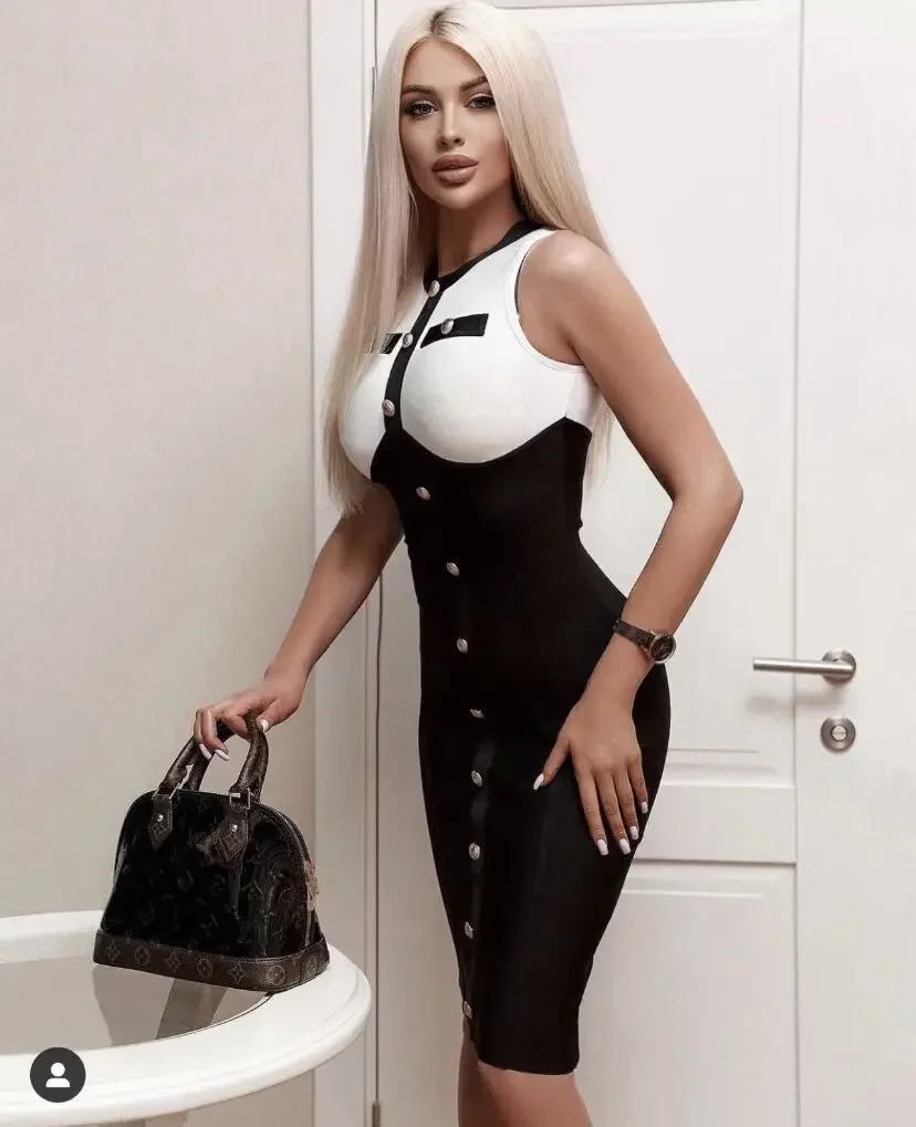

High Quality New Black White Button Beading Bodycon Two Pieces Rayon Bandage Dress Set Elegant Evening Party Set
