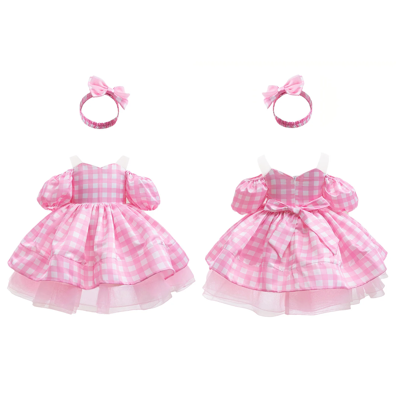 

Children Girls Pink Sweet Princess Dress Puff Sleeves Plaid Tutu Dresses Gown with Bowknot Headband for Birthday Theme Party
