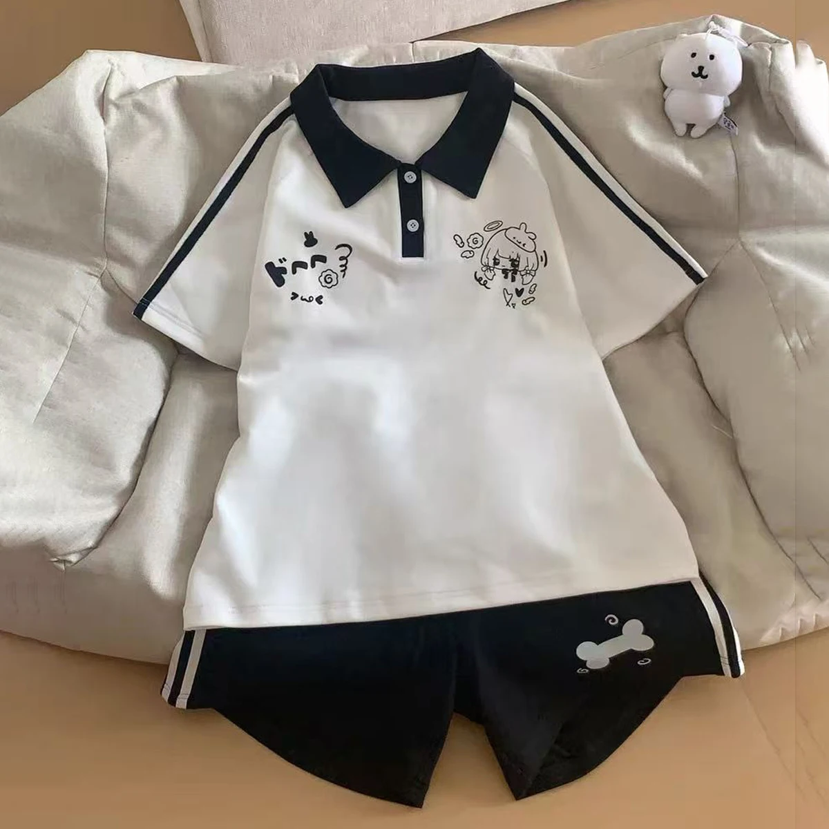 New Cute Fashion Kawaii Pink Shirt Shorts Sets Women Harajuku White Shirt Aesthetic Korean Fashion Summer Clothes