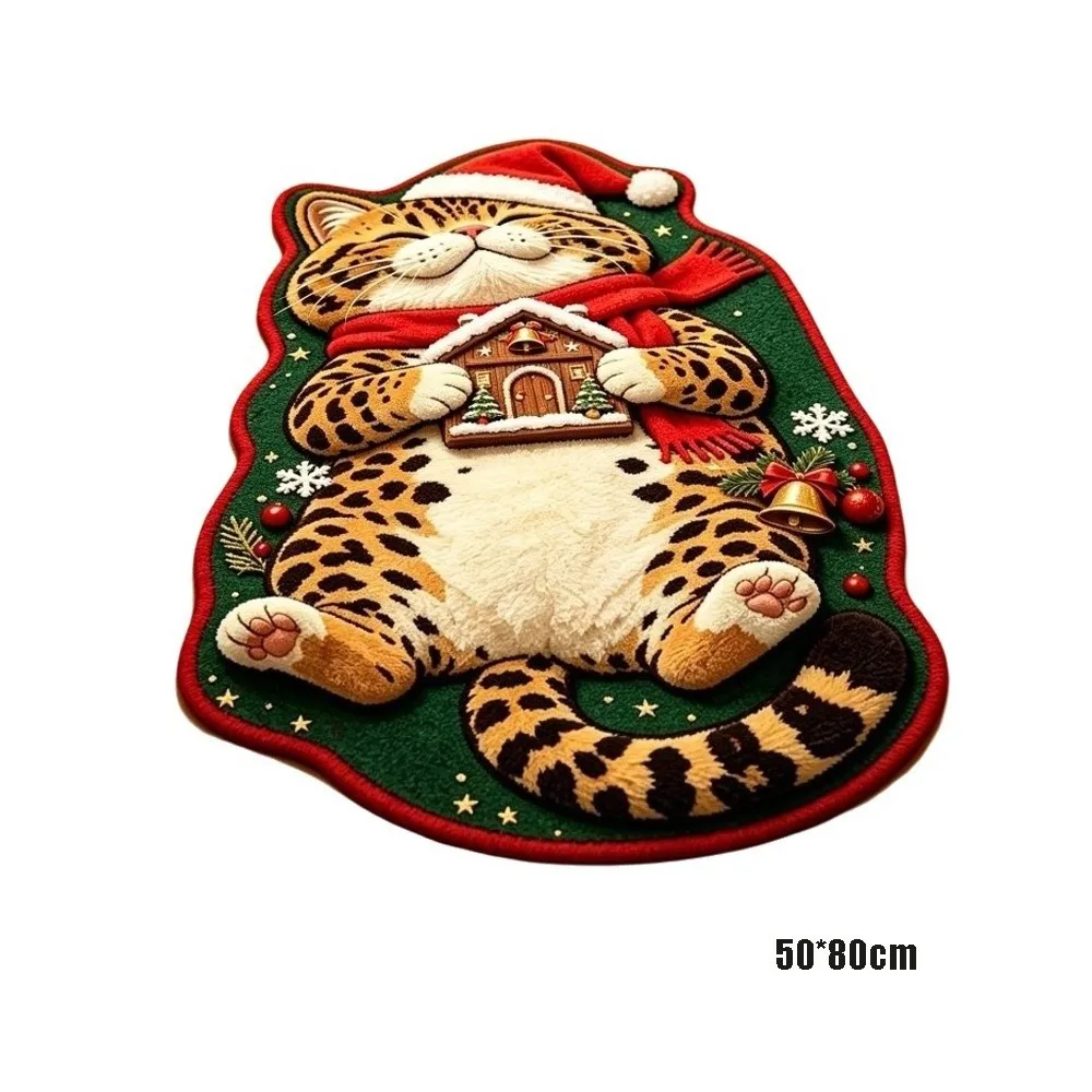 Christmas Theme Pattern Cat Shaped Area Rug Red and Green Special-shaped Sleeping Cat Floor Mat High Absorption Cartoon Carpet