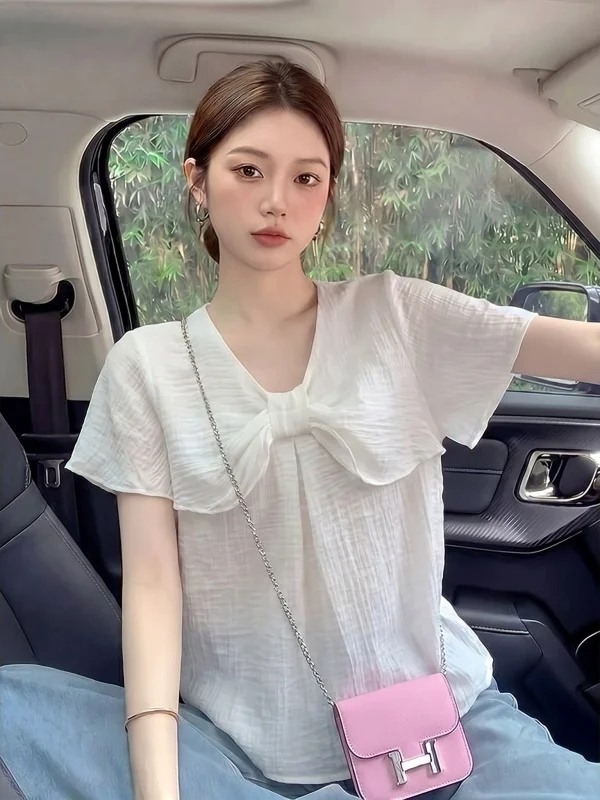 

Korean Style Knot V-Neck Short Sleeve Shirt Women's Summer New Large Size Fat MM Anti-Aging Small Shirt Super Cute Top