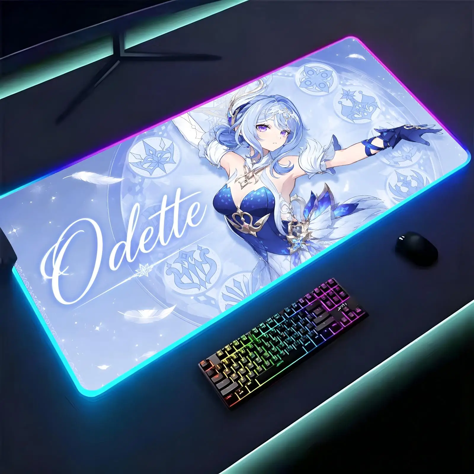 Genshin Impact Odette Large RGB backlit esports gaming mouse pad, smooth soft cloth surface, LED luminous extended desk mat