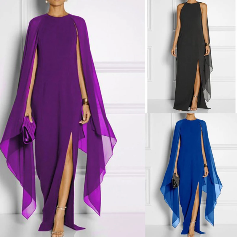 

Chiffon Woman Evening Gown Purple Black O Neck Sleeveless Shawl Floor Length Side Slit for Elegant Mother of the Bride Dresses