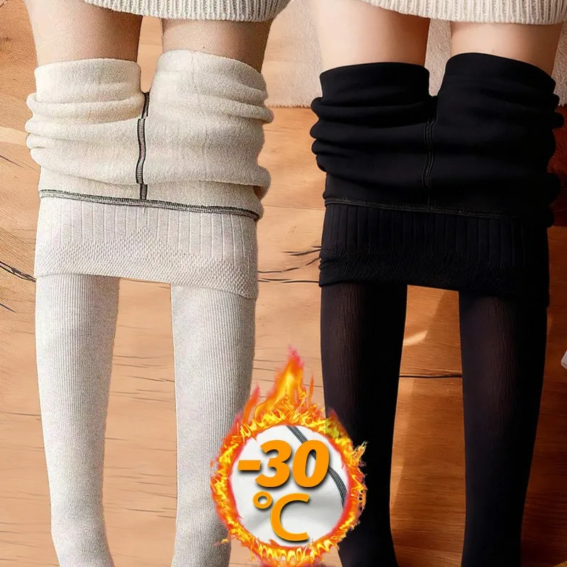 

Oatmeal Color Thickened Leggings Women Thermal Knitted Vertical Stripe Elastic High Waist Solid Color Velvet Pantyhose Tights