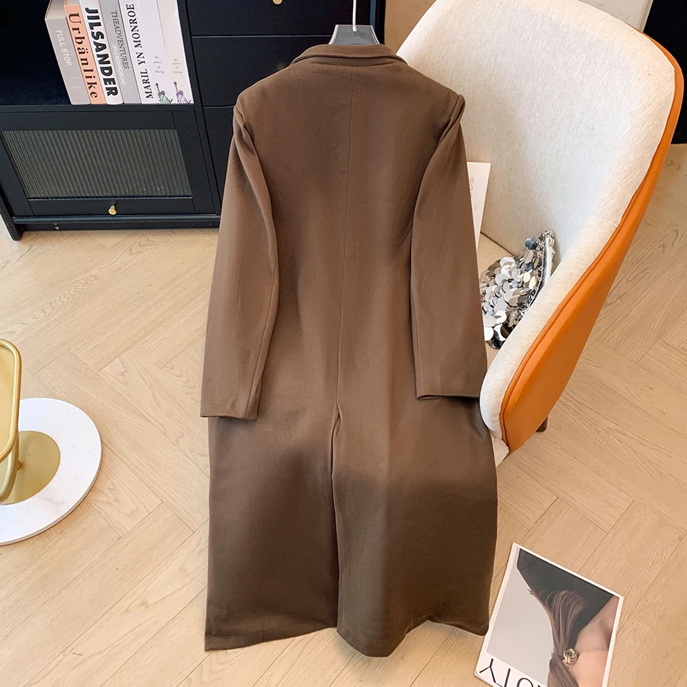 Plus-size women's Autumn/Winter loose comfortable casual commuter coffee color suit collar long button pocket long sleeve coat