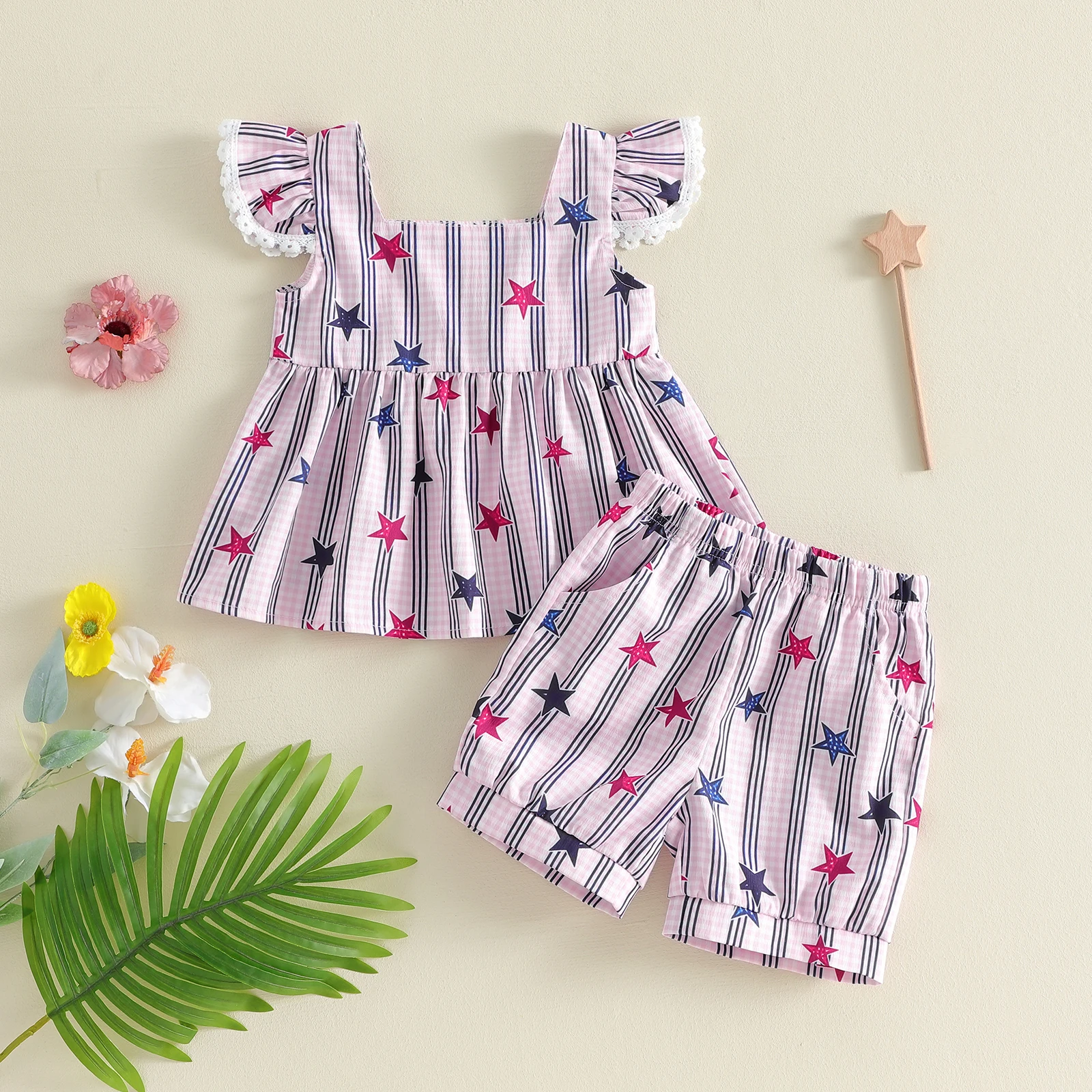 Toddler Girl 4th of July Outfit Stripe Star Print Fly Sleeve Square Neck Tops Elastic Waist Shorts 2Pcs Clothes Set