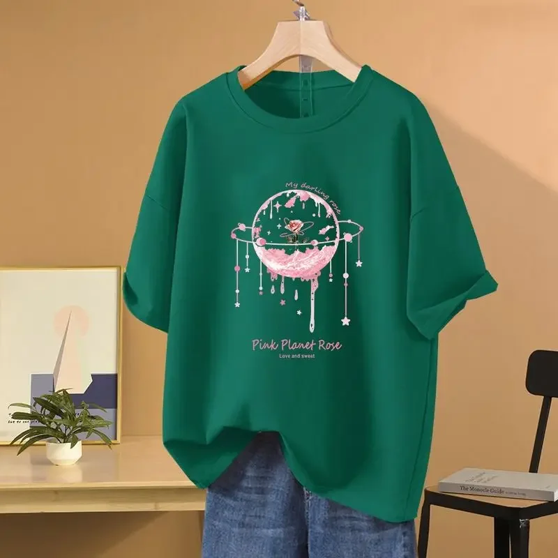 

Women's Letter Printed Casual T-shirt Summer Loose O-neck Short Sleeve Pure Cotton Top Basic Casual Pullover