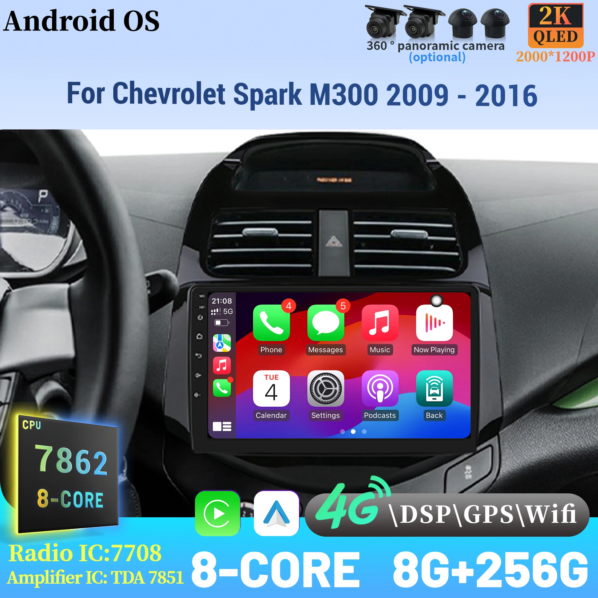 

For Chevrolet Spark M300 2009 - 2016 Wireless BT CarPlay Android 14 Radio Car Multimedia Player Touch 2K QLED Screen