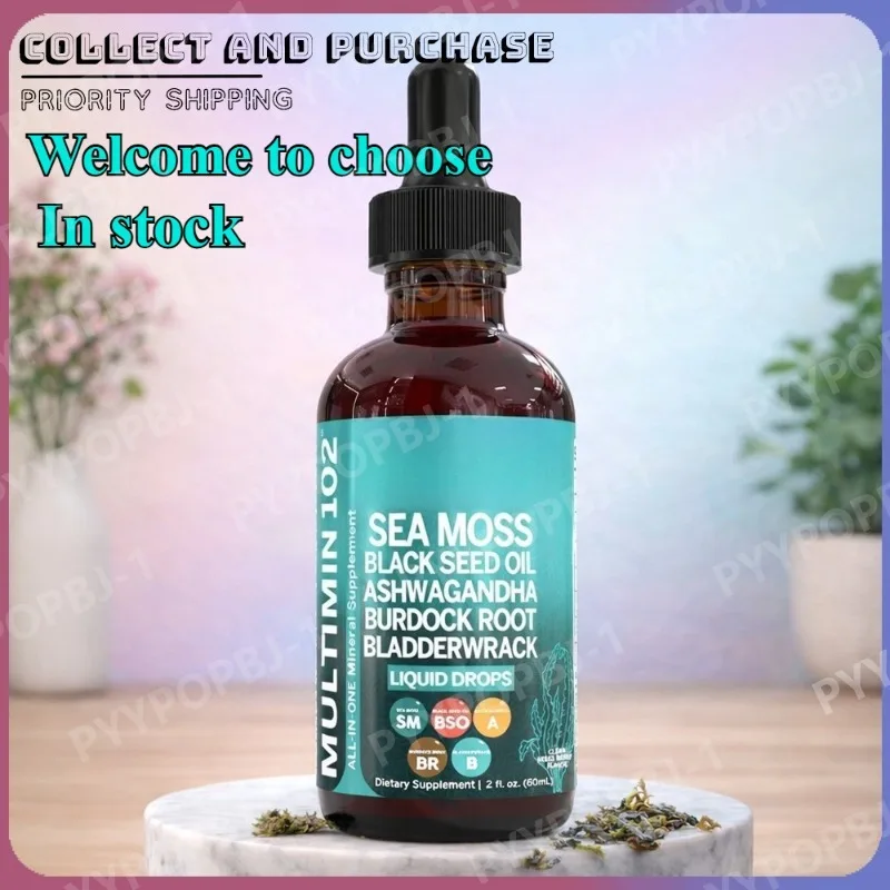 Gotas líquidas de musgo marino con aceite de semilla negra y extractos multiminerales – Suplemento energético de apoyo de la salud intestinal diaria, 60 ml por botella