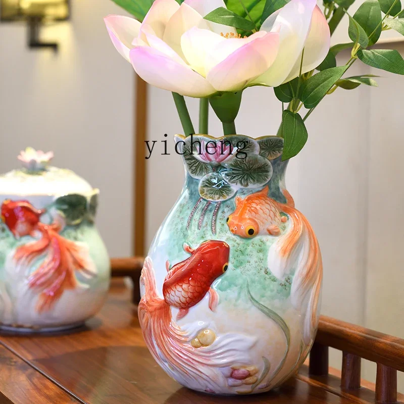 Ceramic Goldfish Vase Ornament Living Room Flower Arrangement Dining Room Decoration Office Entrance Entrance Home DecorationL2