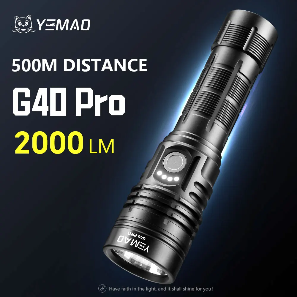 

YEMAO G40pro 2000LM Portable Flashlight 500M distance with 6Light Modes Rechargeable 21700 Battery Waterproof Torch for Outdoor