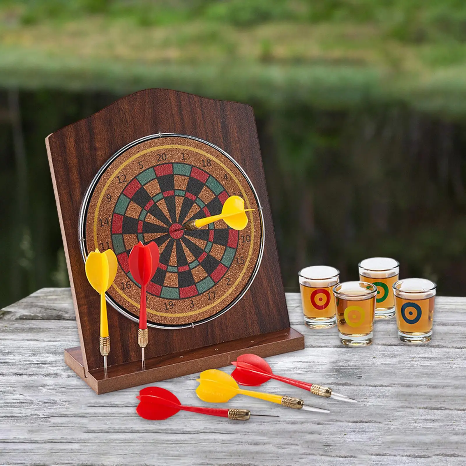 Wooden Dart Board Set 6 Darts Durable Portable Target Board Miniature Desk Top Darts for Park Indoor Beach Party Favors Garden