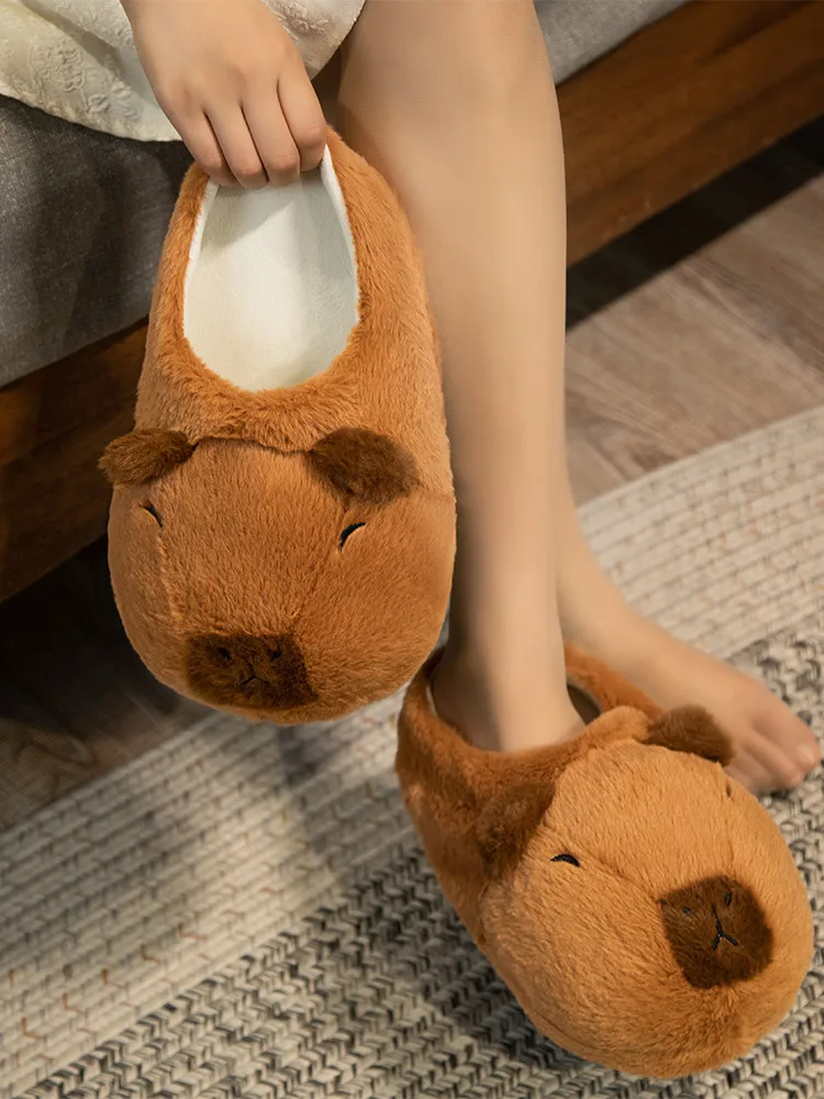 Sandal pasangan katun Capybara kartun lucu, sandal rumah lembut anti selip hangat antilembap dalam ruangan