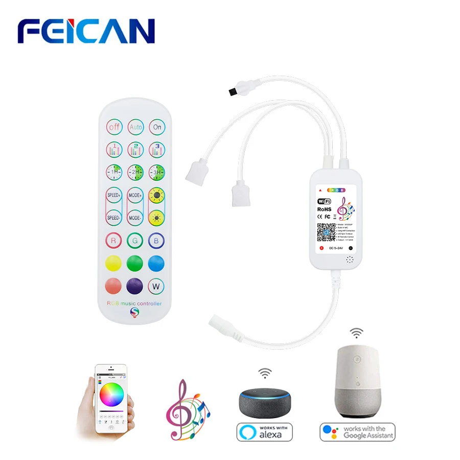 WiFi RGB Controller for LED Strip Lights DC5-24V Remote Control for SMD5050 2835, Works with Alexa and Google Home