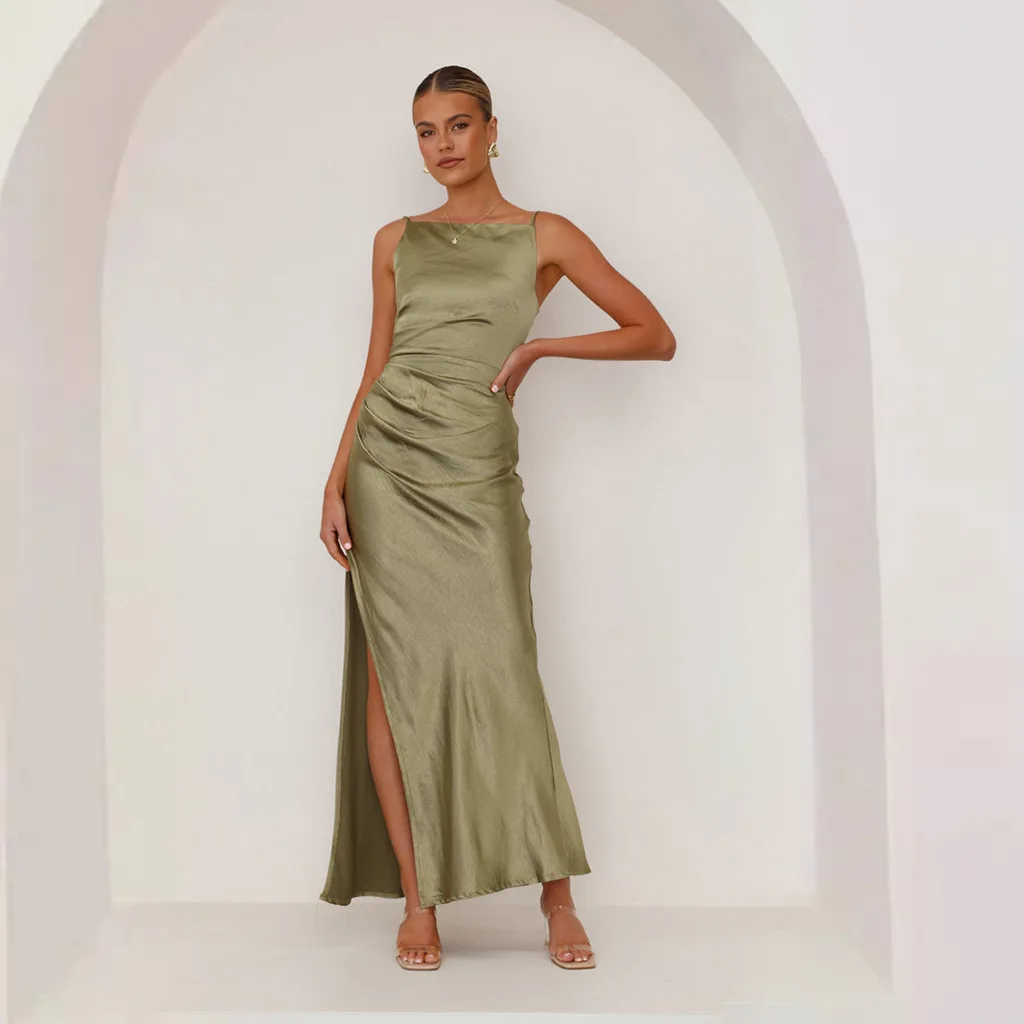 Robe de Demoiselle d'Honneur Vert Olive pour Femme, Tenue Maxi d'Invités de Mariage, d'Anniversaire, Collection Sexy