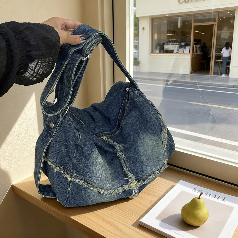 Lazy Style Crossbody Bag Fashion Washed Denim Large Capacity Shoulder Bag Versatile Personality Trendy Single Tote Bag