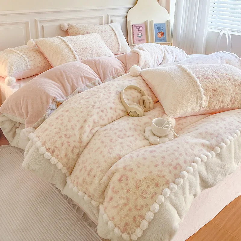 Heart Winter Thickened Rabbit Fleece Four-piece Set Three-dimensional Hairball Quilt Cover Warm Sheet Pillowcase Bedding Set