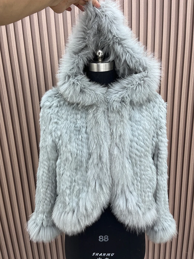 New Women's Natural Rabbit Fur Coats Knitted Real Fox Fur Hooded Jackets Luxury Female Overcoat Clothing