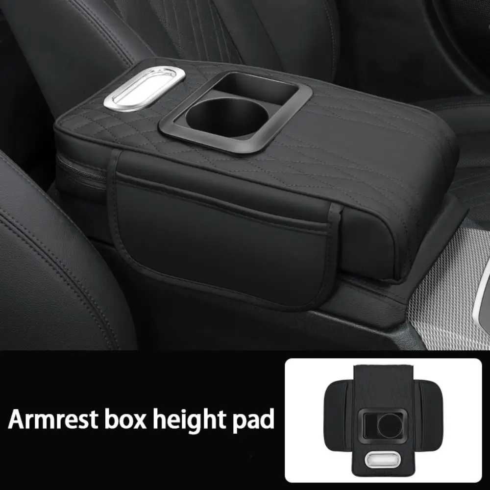 

Portable Center Console Armrest Cushion PU Leather with Cup Holder Tissue Box Car Armrest Pillow Height Increasing