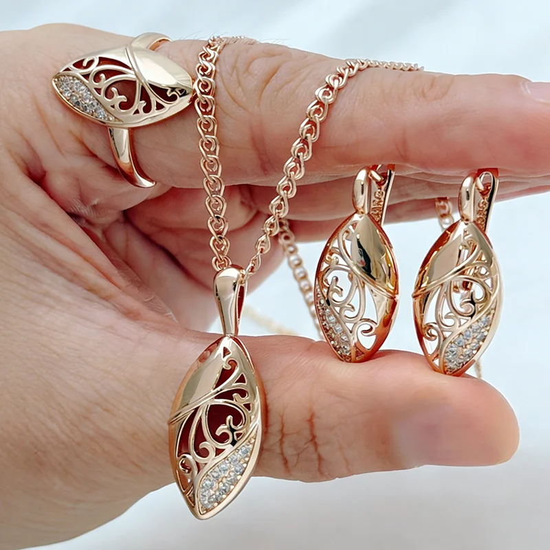 Kinel Hot 585 Roségoldfarbene Braut- und Hochzeitsschmucksets, glänzende natürliche Zirkon-Accessoires für Frauen, hochwertiger edler Schmuck