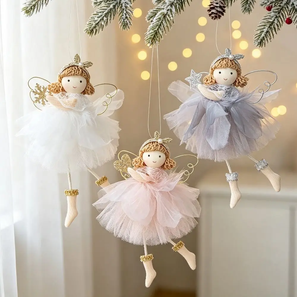 Soft Material Christmas Angel Ornament Sitting Pose Keychain Charm Design Angel Hanging Pendant Fluffy Wings Doll Face Detail view 3
