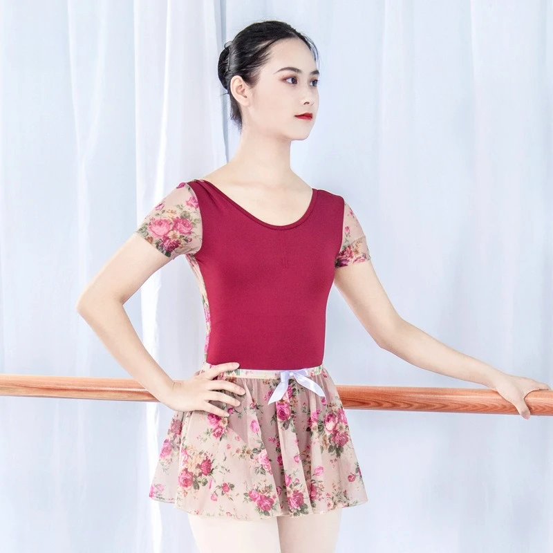 

Mesh Short-sleeved Ballet Onesie Practice Suit Female Adult Practice Leotard + Skirt Set Ballet Dance Adult Women's Swimsuit
