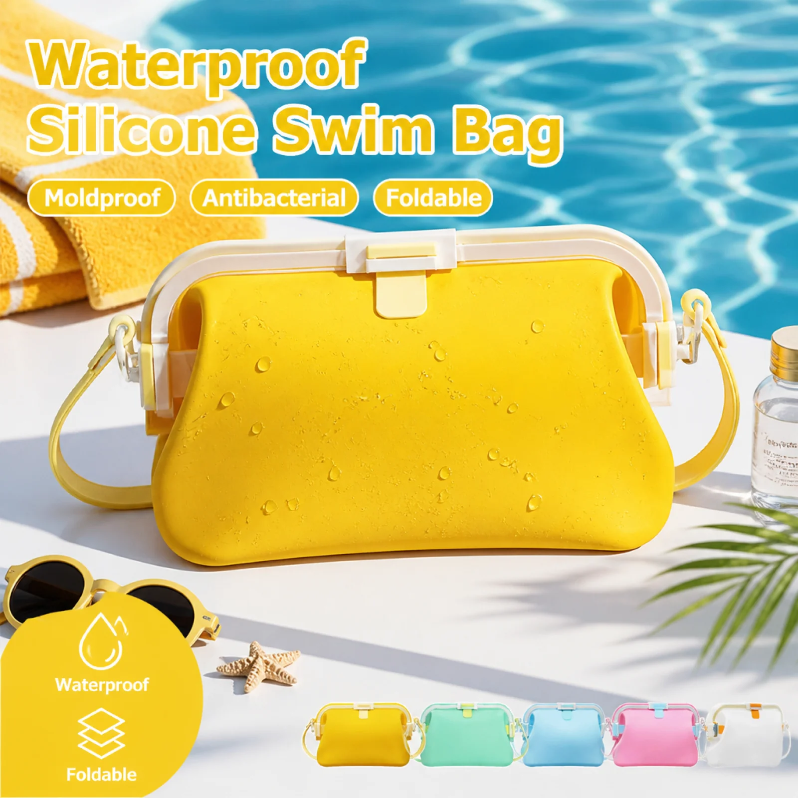 Foldable Swim Storage Bag Waterproof Silicone Bag Resistant Pool Tote for Swimmers, Outdoor, Beach