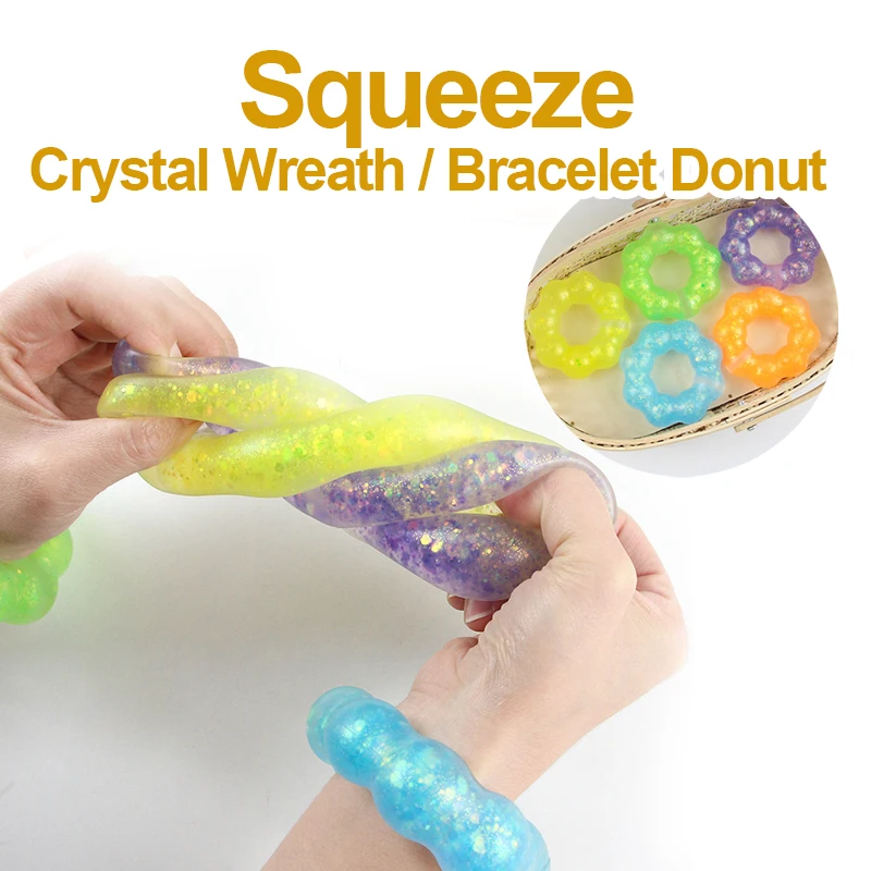 

2PCS Anti-Stress Toy Crystal Wreath Bracelet Donut Squeeze Fidget Toys Tpr Stress Relief For Kids Adults Gift Color Random J208