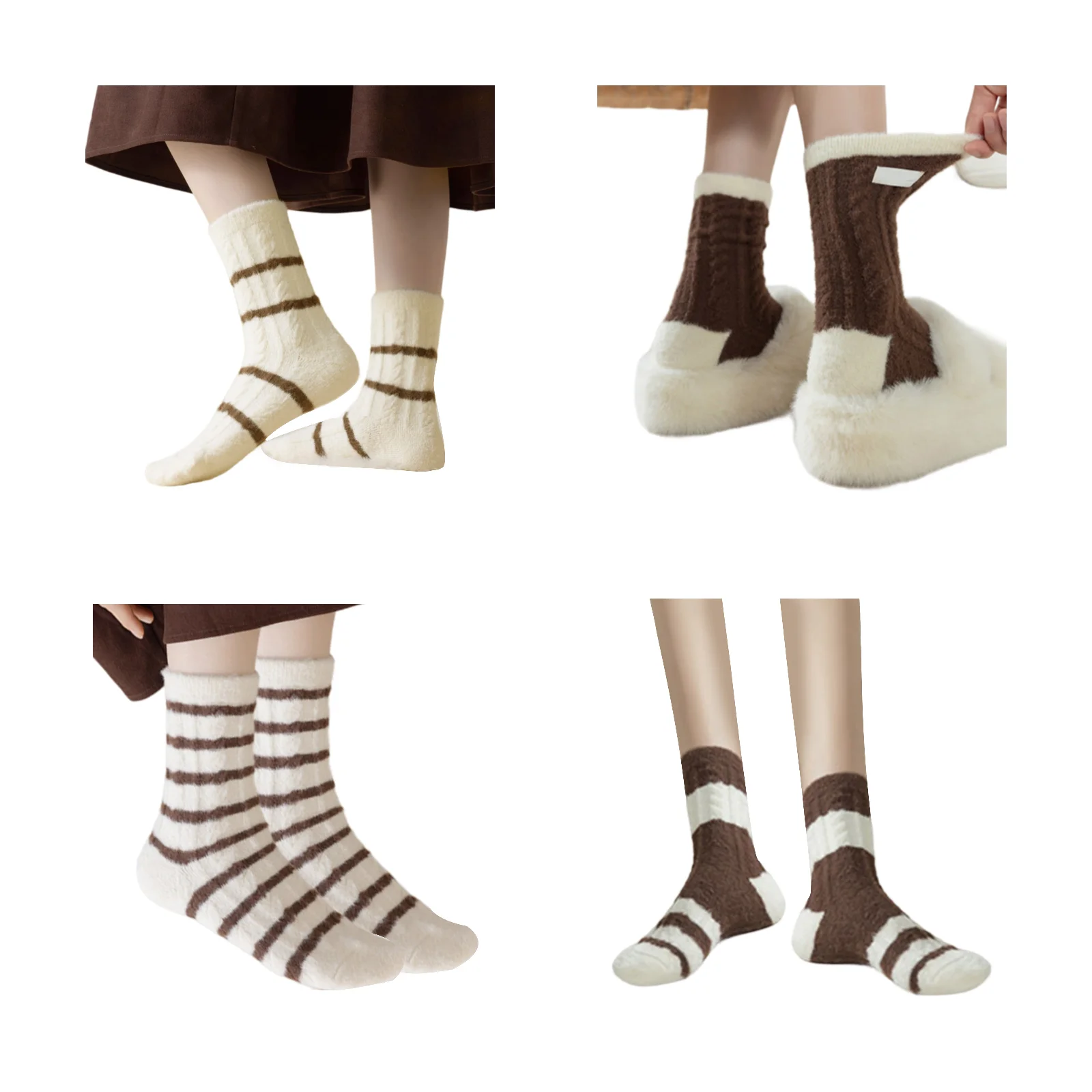 

Women Twist Jacquard Fleece Plush Slipper Socks Thick Warm Thermal Color Block Striped Fuzzy Floor Indoor Sleep Socks