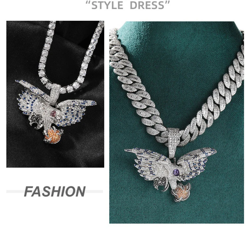 Hip Hop 5A+ CZ Stone Paved Bling Ice Out Eagle Falcon Hawk Pendants Necklaces for Men Rapper Jewelry Drop Shipping