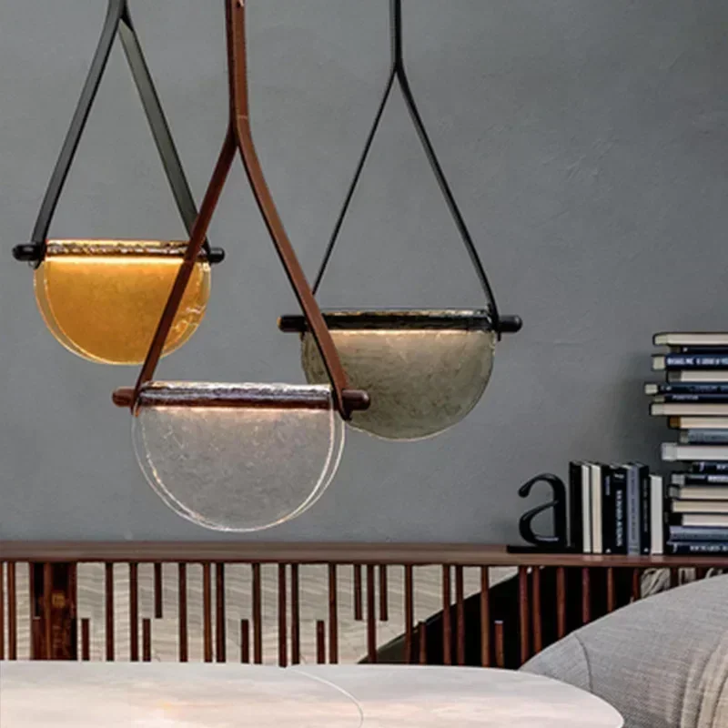 

SANDYHA Modern Leather Handmade LED Chandelier Creative Minimalist Nordic Amber Glass Pendant Light for Bedroom Living Room