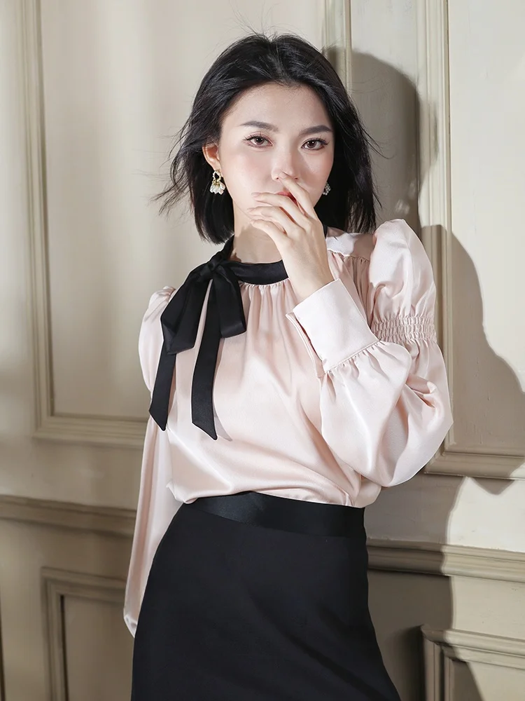 

Розовое атласное платье из ацетата с бантом, воротником-стойкой и рукавами-фонариками, женское, весенний дизайн, элегантное, для повседневной носки, свободного кроя