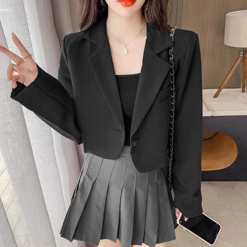 Koreaanse Cropped Blazers Dames Effen Kleur Eenvoudige Single-Knoop Outwear Tieners All-Match Lange Mouw Kantoor Jas Blazer