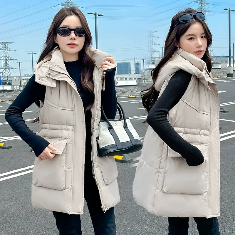 New Women's Fashion Hooded Down Cotton Vest Long Parkas Thick Warm Puffer Sleeveless Jacket Solid Windproof Waistcoat Outerwear