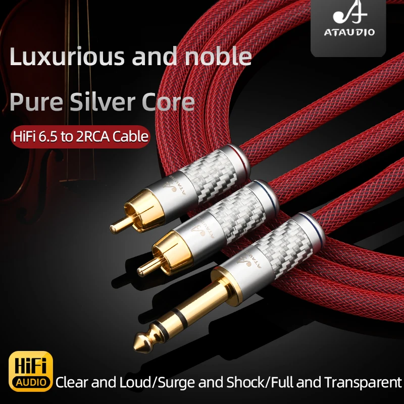 ATAUDIO 6N Sterling Silver HiFi 6.5 to 2RCA Cable for Mixing Console Power Amplifier Guitar Jack 6.5mm to 2RCA Aduio Cable
