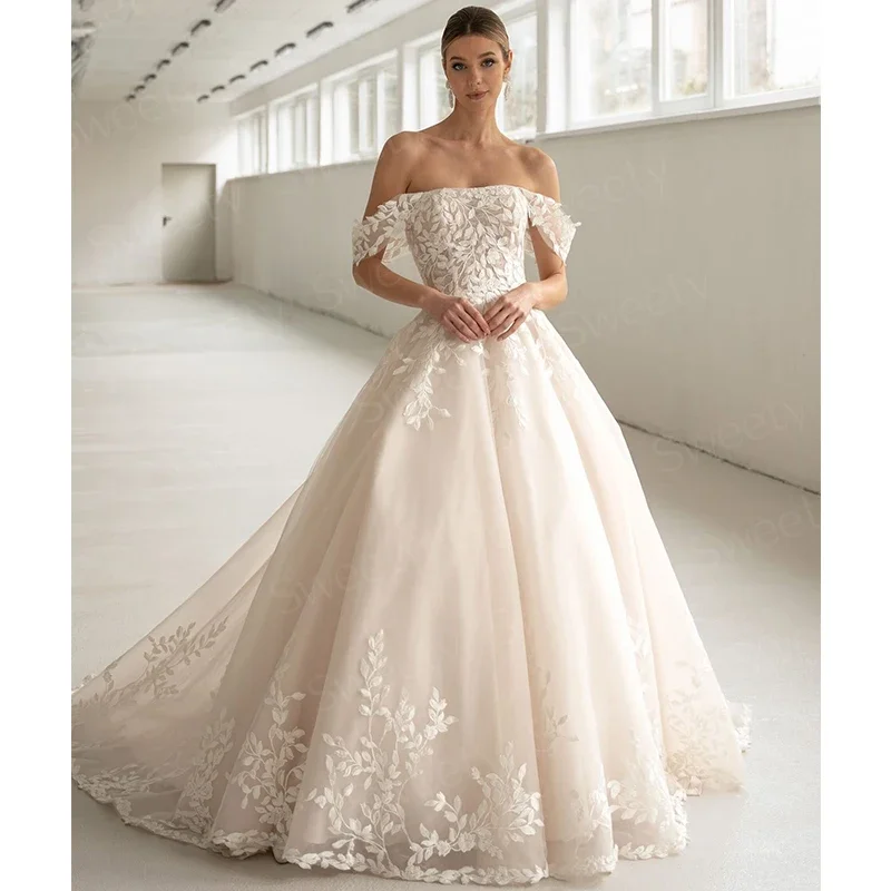 Vestido De novia elegante con cuello barco, Organza De encaje con bordado, corte en A, Vestido De novia sin mangas, Vestido De novia con cremallera trasera