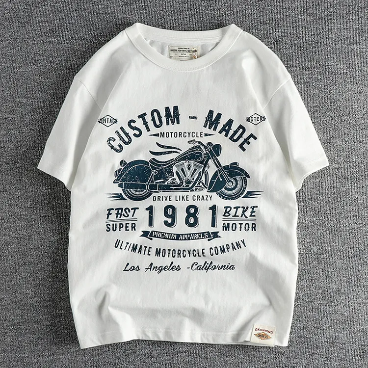 Summer New American Street Style Men's Locomotive Letter Printing Green White Dark Blue Loose Round Neck Short-sleeved T-shirt