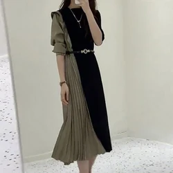 Female French  high-end splicing mid length waist cinched pleated skirt  long dresses for women  vestido