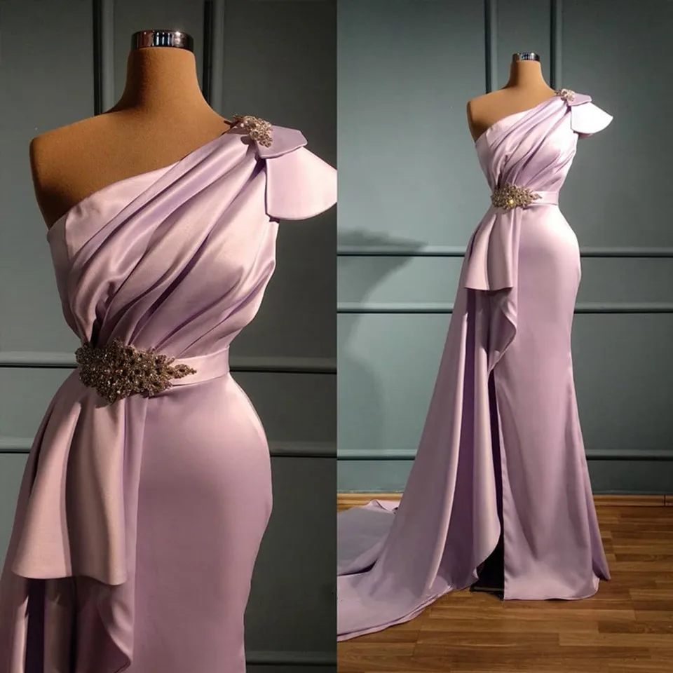 

2023 Pink Mermaid Evening Gowns Women Formal Party Robe De Soiree One-Shoulder Crystal Vestidos Sexy Long Satin Prom Dresses