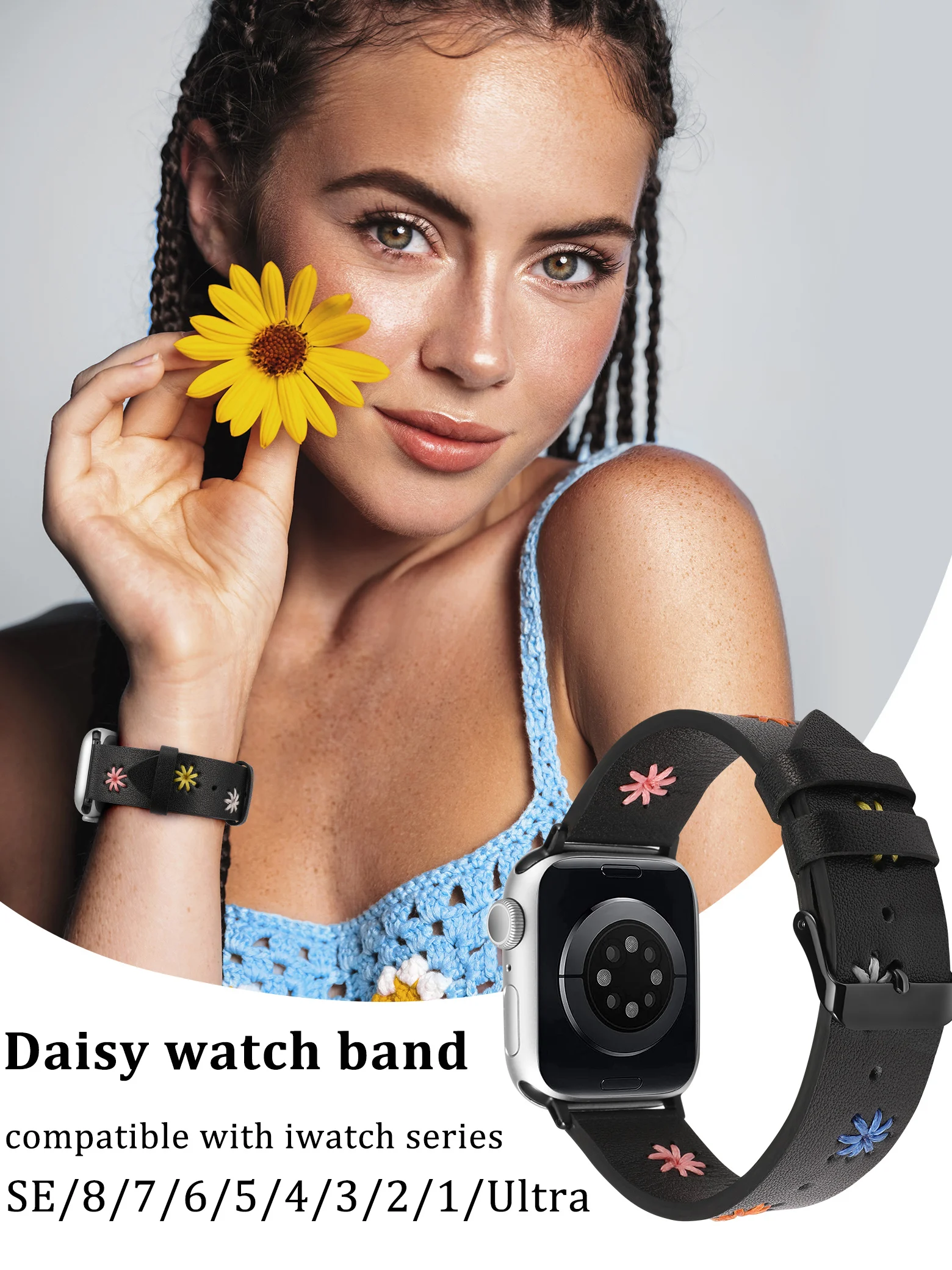 Wearlizer Embroidery Flowers Leather Band For Apple Watch Strap 45mm 38mm 40mm 41mm 49mm Watch Strap For iWatch 9 8 7 SE 6 5 4 3