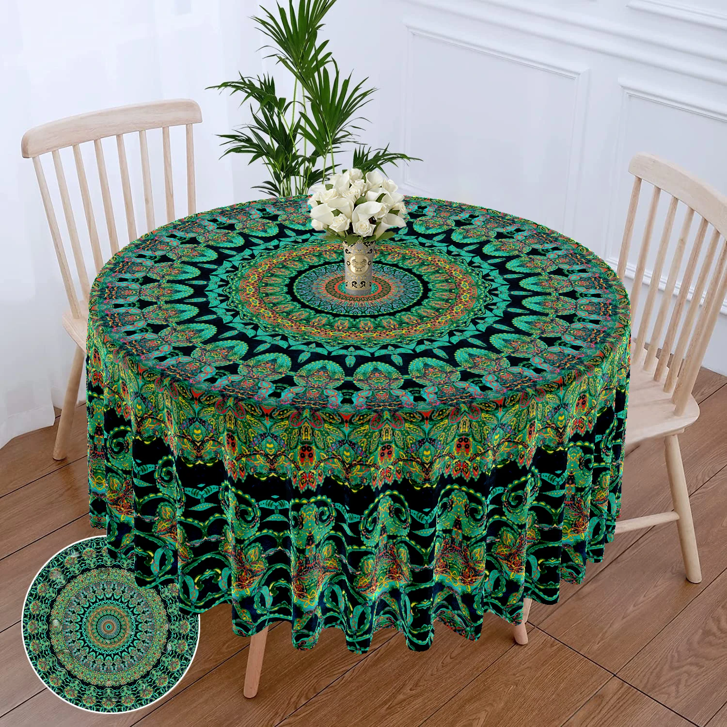 1 Piece Circular Tablecloth with Green Red Flower Waterproof Colorful Terrace Table Cover Multi-purpose 63 inch Totem Tablecloth