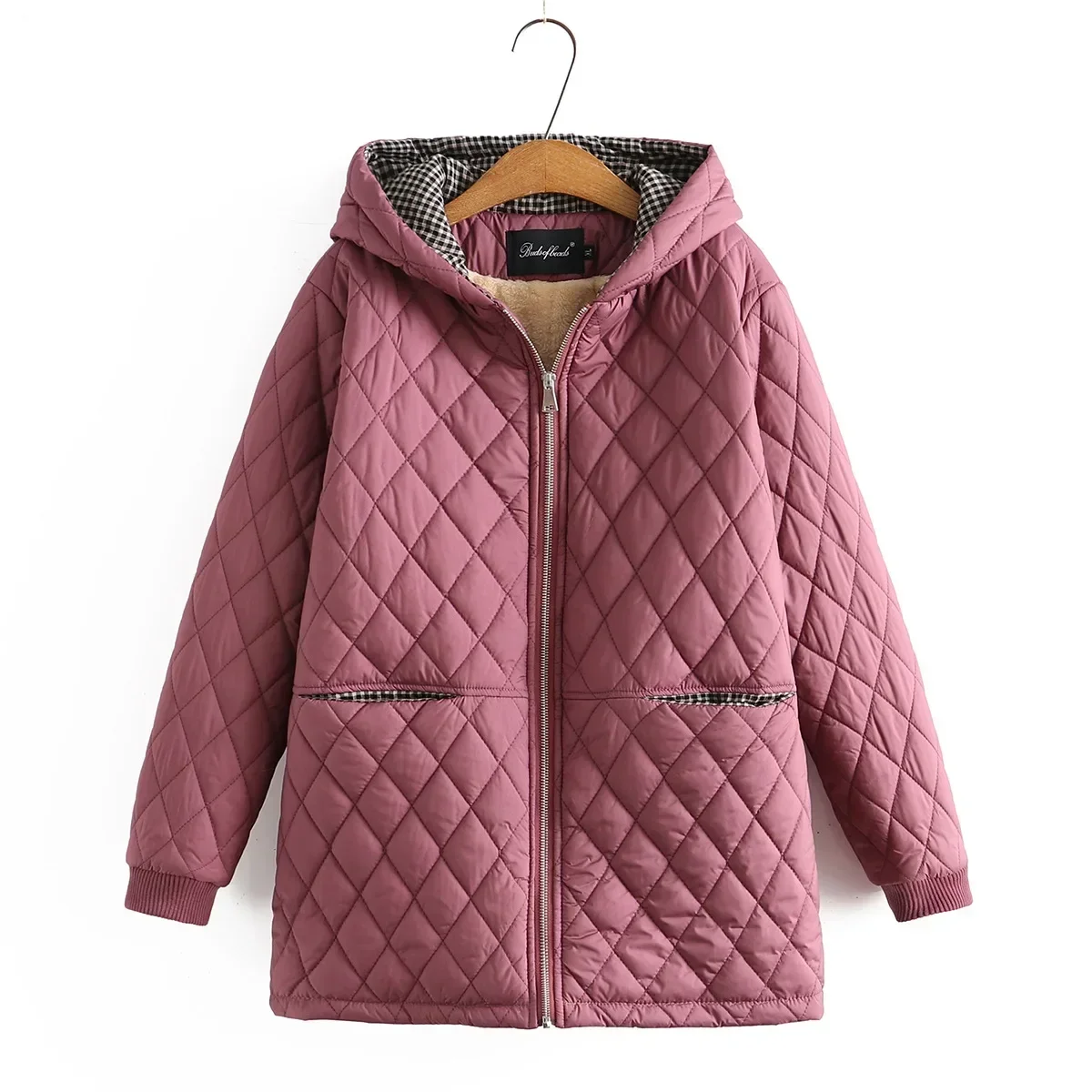 Plus Size Parkas Women Clothing Winter Middle Aged Wadded Jacket Hooded Argyle Thick Fleece Liner Warm Padded Coat 2024