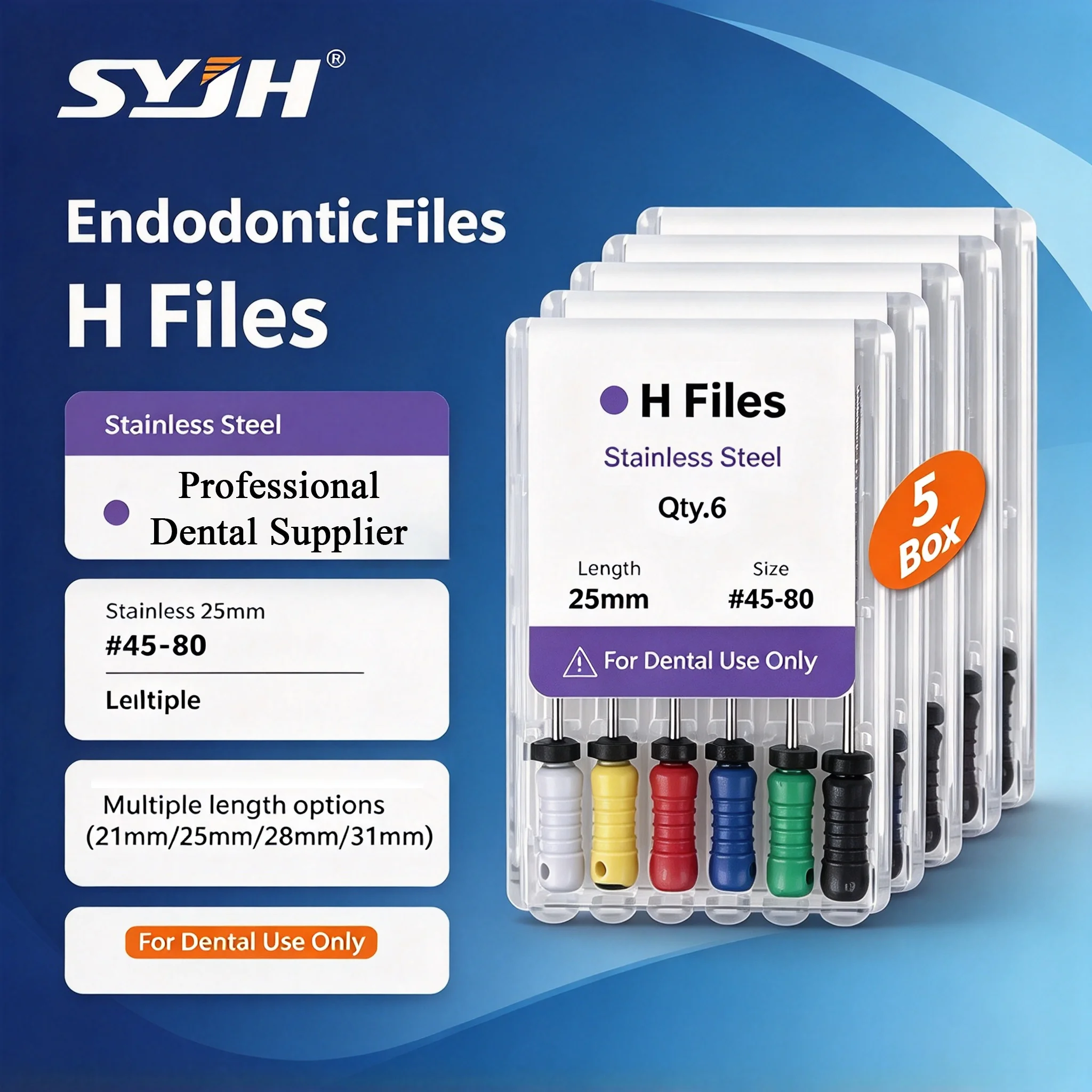 SYJH 5 Packs Stainless Steel Dental Endodontic H Files Hand Use 21/25/28/31mm for Root Canal Cleaning & Shaping Endo Treatment