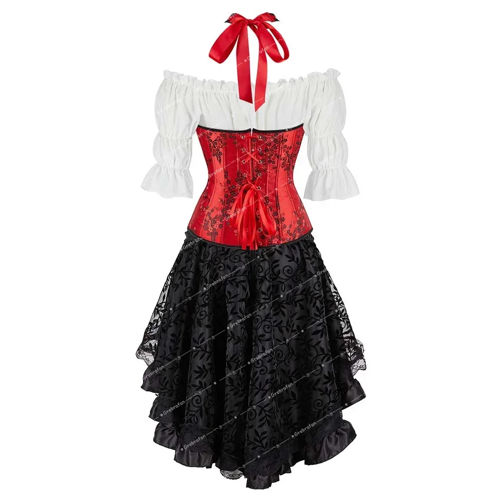 Women's Corset Skirt Shirt Bridal Corsets Floral Embroidery Bustiers Wedding 3 Piece Set Burlesque Dance Party Costume Plus Size